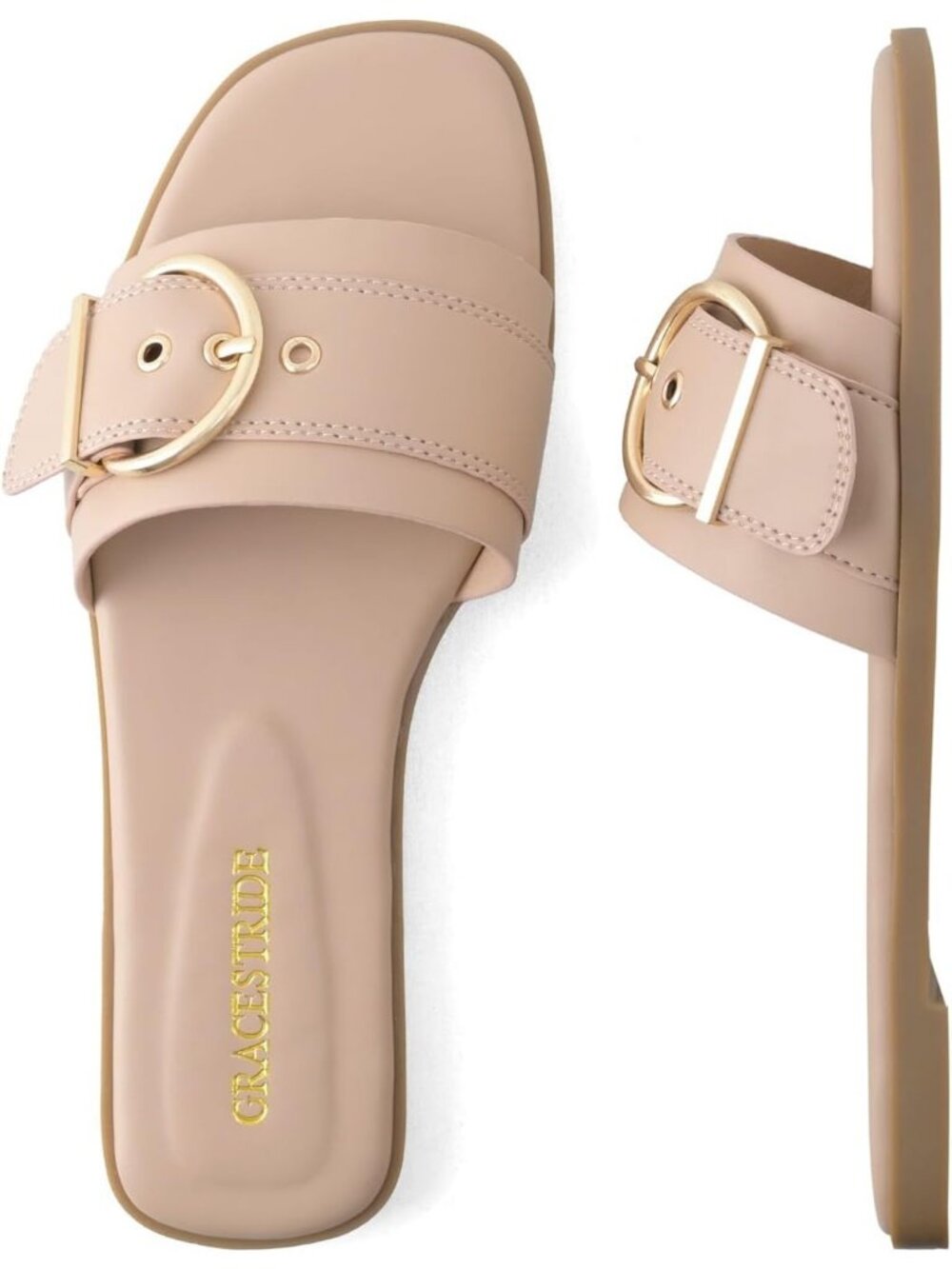 Women's Nude Summer Fashion Square Open Toe Slip On Slides Soft Flats Sandals